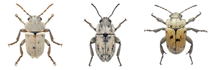 Three bugs are shown in a row, with the middle bug being the largest