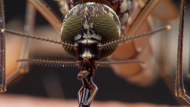 Mosquito Feeding Close-Up: An incredibly detailed close-up of a mosquito in action, showing its proboscis penetrating and feeding, capturing its intricate features and nature's microscopic marvels.