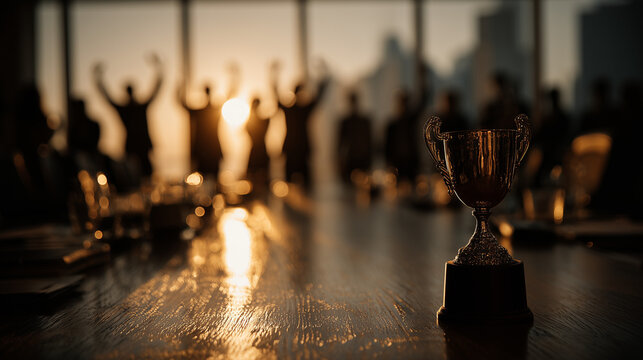 Golden Trophy Celebration on Conference Table with Diverse Business Team Silhouette