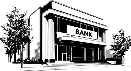 sketch of a bank building, urban office design hand drawn comic style black and white illustration