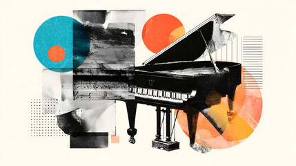 mixed media collage of a music piano instrument and paper cut abstract elements, retro style collage illustration