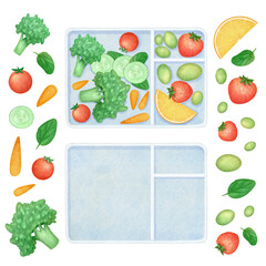 Set of lunch box watercolor isolated illustration. Lunch box with fresh fruits  and vegetable clip art. Hand drawn sketch for kids in elementary school.