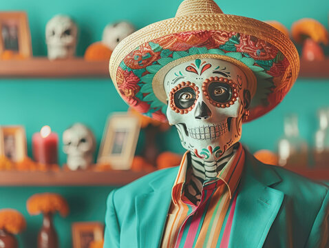 Mexican catrin standing beside of a Day of the Dead offering altar