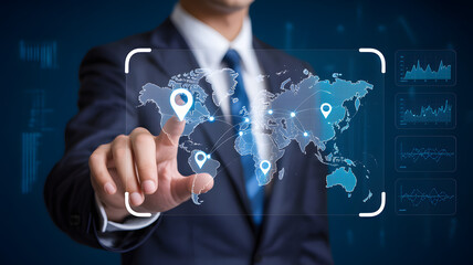 Businessman interacting with global network map interface for worldwide business