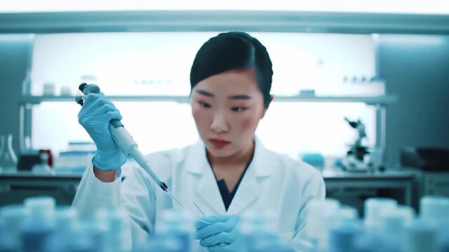 Precision in Science: An astute scientist, clad in protective gear, meticulously employs advanced equipment within a cutting-edge laboratory setting, symbolizing dedication to scientific inquiry.