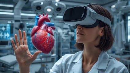 Woman in vr headset examining a virtual heart in a modern medical research laboratory setting