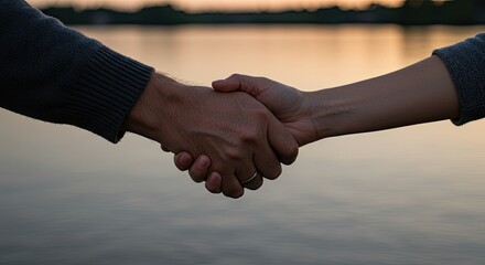 A Handshake of Trust and Agreement Over Serene Sunset Waters