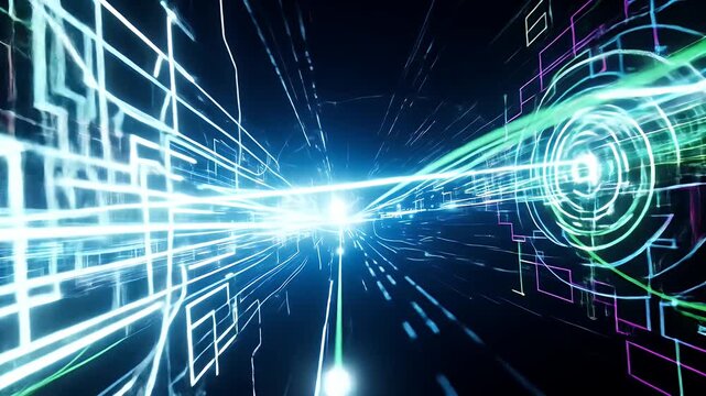 A bright blue light streak through a dark digital grid