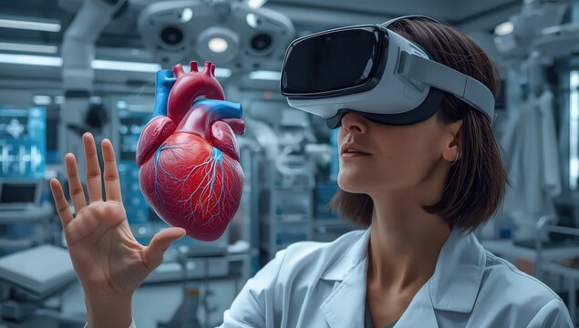 Woman in vr headset examining a virtual heart in a modern medical research laboratory setting