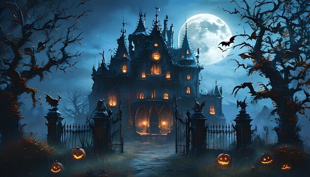 Halloween night adventure spooky mansion digital art eerie forest wide angle haunting atmosphere