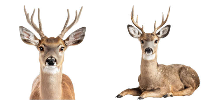 Two deer, one standing and one laying down, with their antlers showing