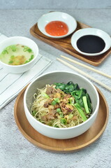 Chicken noodles with vegetables, an Indonesian delicious popular food called mie ayam