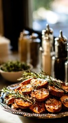 Naklejka premium Closeup Appetizing Sweet Potato Slices Topped with Rosemary and Parmesan on Silver Tray