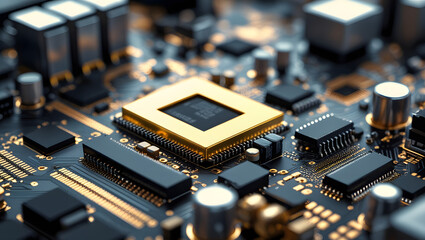 High-Resolution Close-Up of Electronic Microchip and Circuits