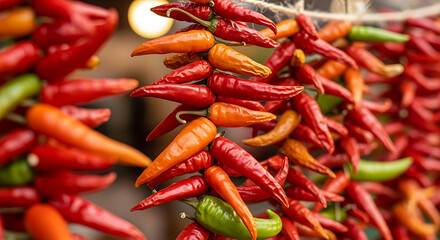 Vibrant Strings of Fresh Red and Orange Chili Peppers Hanging Outdoors in Natural Sunlight