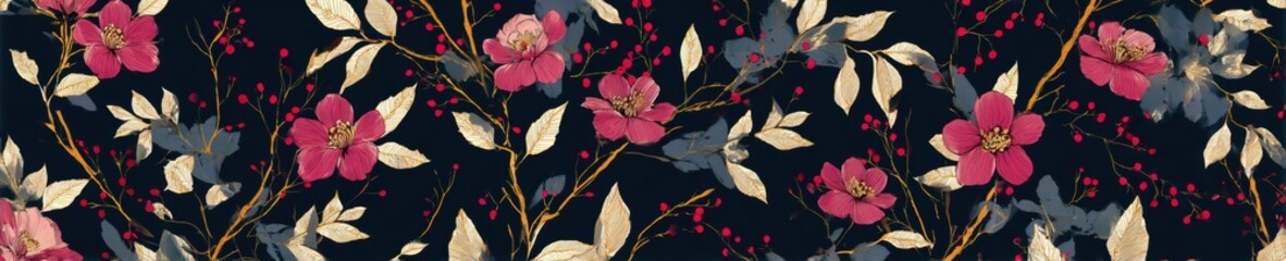Deep backdrop reveals elegant blossoms, golden foliage, and scarlet berries in a stylish artwork