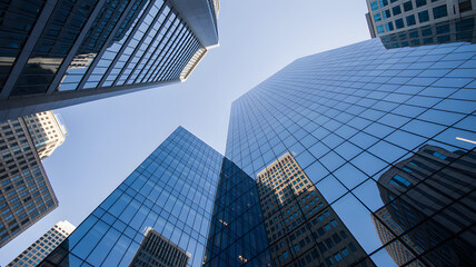 Obraz premium Modern glass skyscrapers reaching into clear sky create dynamic urban architecture