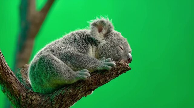 A sleeping koala nestled on a branch against a vibrant green backdrop in a studio setting green screen animal video
