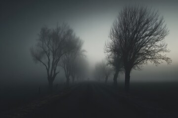 Foggy Dark Rural Road with Bare Trees and a Distant Car headlights in Moody Light