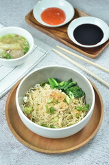 Chicken noodles with vegetables, an Indonesian delicious popular food called mie ayam