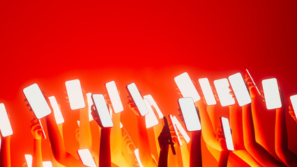 Hands display mobile devices with bright screens in vibrant setting