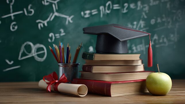 Graduation cap on stacked books and diploma with apple before math chalkboard creates scholarly scene - Powered by Adobe