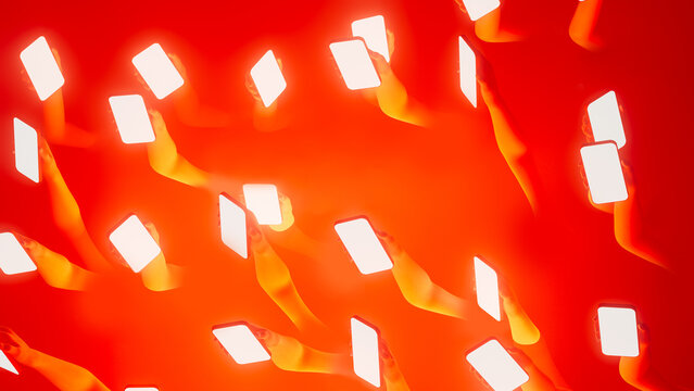 Hands display mobile devices with bright screens in vibrant setting