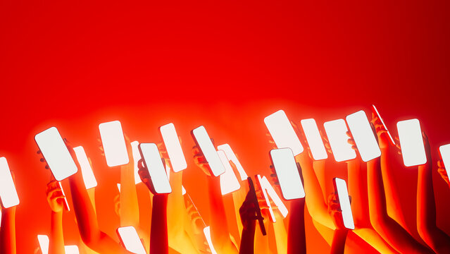 Hands display mobile devices with bright screens in vibrant setting