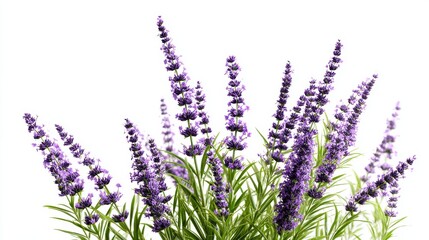 Naklejka premium Lavender Flowers in Full Bloom with Green Leaves Against a White Background, CloseUp View
