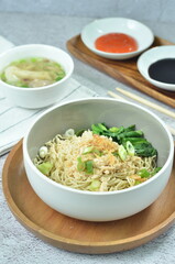 Chicken noodles with vegetables, an Indonesian delicious popular food called mie ayam