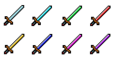 Pixel Art Sword Collection with Eight Color Variations, Retro 8-Bit Fantasy Weapon Sprite Set for Video Game Assets and RPG Design