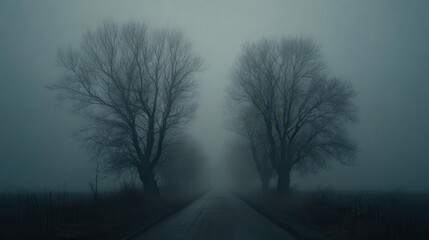 Obraz premium Misty Rural Road with Leafless Trees, Foggy Atmosphere and Dim Natural Light