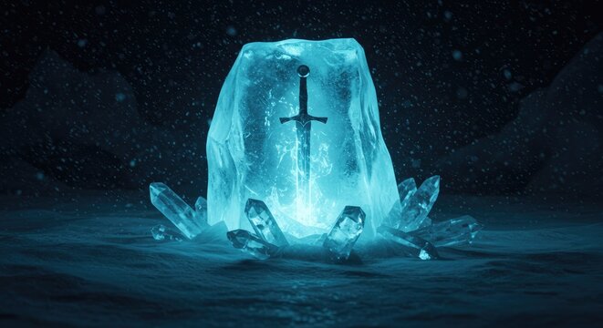 A Mythical Sword's Luminous Prison of Ice and Crystal