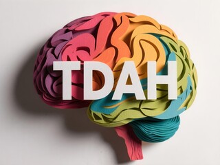 TDAH ADHD in Portuguese layered paper cut colorful brain with bold letters on dark background symbolizing attention disorder spectrum therapy and neurological inclusion