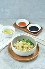 Chicken noodles with vegetables, an Indonesian delicious popular food called mie ayam