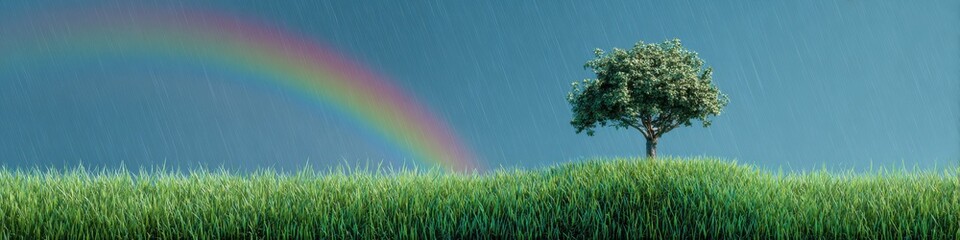 Obraz premium Scenic landscape with a lone tree, rainbow, and lush green grass under the gentle rain