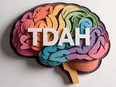 TDAH ADHD in Portuguese layered paper cut colorful brain with bold letters on dark background symbolizing attention disorder spectrum therapy and neurological inclusion