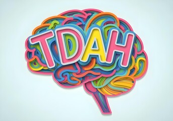 TDAH ADHD in Portuguese clean layered cutout brain with primary color sections and bold letters on light background symbolizing attention disorder awareness and inclusion