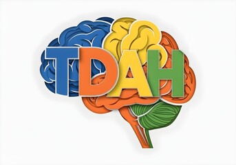 TDAH ADHD in Portuguese clean layered cutout brain with primary color sections and bold letters on light background symbolizing attention disorder awareness and inclusion