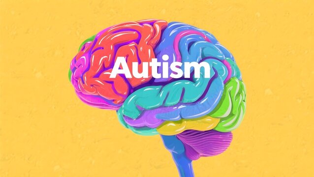 Autism awareness vibrant glossy 3D brain with bright rainbow colors on yellow textured background featuring white autism text symbolizing neurodiversity and inclusion - Powered by Adobe