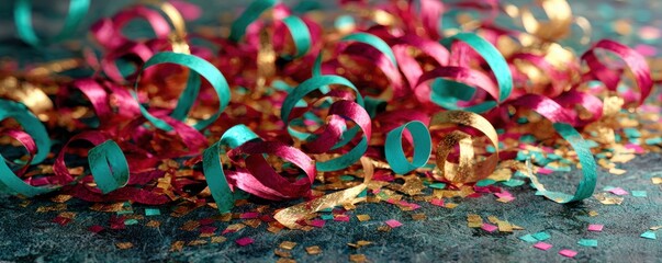Fototapeta premium Vibrant Turquoise Pink and Gold Confetti and Curly Ribbons on Textured Background