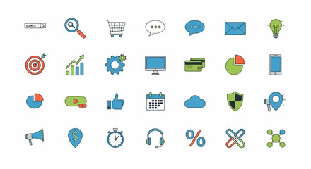 Modern business icons set for digital marketing, data analysis, and online strategy, perfect for presentations