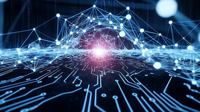 Abstract digital network with glowing circuit board and binary code