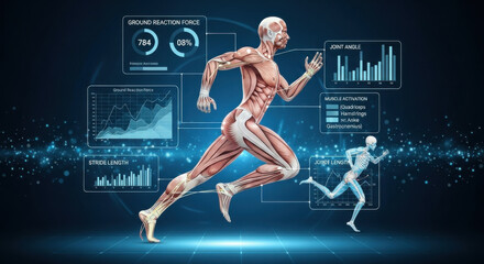 Muscle skeleton running data analysis technology science anatomy biomechanics digital Human muscle and skeleton running with digital data analysis showing biomechanics stride length joint angle