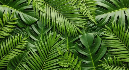 Fototapeta premium Tropical Green Leaves Pattern Monstera Fern Palm Background
