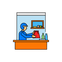 Illustration of food delivery driver collecting red paper bag order inside cafe with bottles and cups on shelf