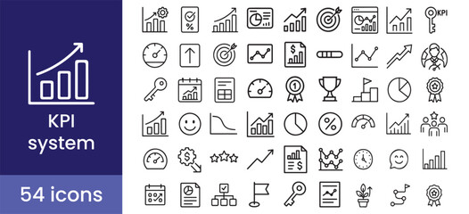 KPI vector icon set for performance and growth, with metric, goal, and indicator symbols for a business report.

