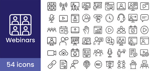 Webinar and online meeting icon set for live video conference, stream, presentation, communication, and education

