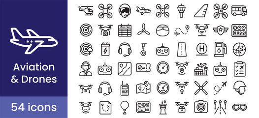 Aviation and drone icon set showing airplane and flight technology, with pilot, airport, navigation, and control symbols.

