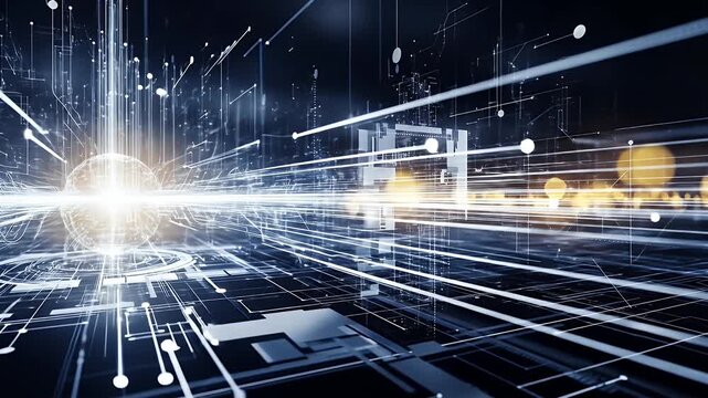 Abstract digital network with glowing sphere and light trails - Powered by Adobe